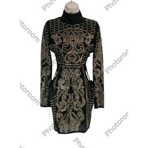 FASHION NOVA Women Shinny Bodycon Dress Size S Black Side Cut Hight Neck 270BP